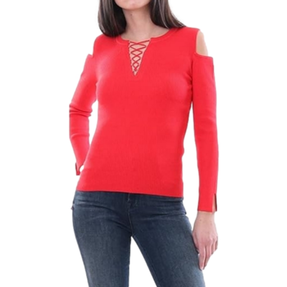 525 America Ribbed  Eyelet Laced Cold Shoulder Long Sleeve Top Size Large Red